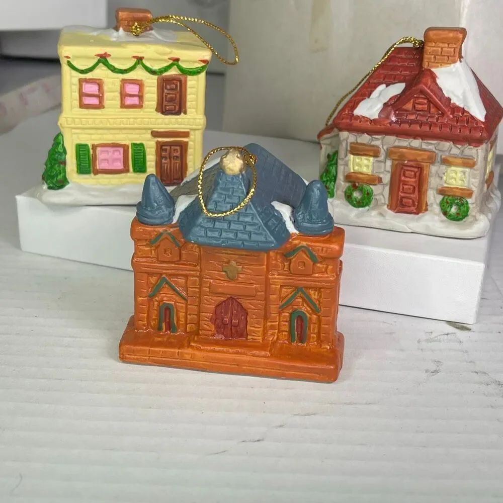 Vintage Set of 3 ceramic hanging bell buildings ornaments